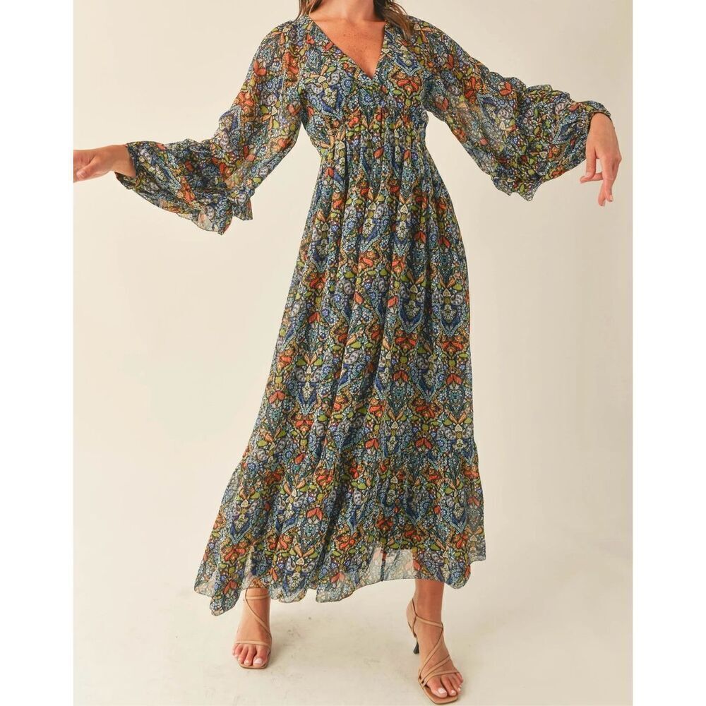 NWT Reset By Jane Esmeralda Bohemian Balloon Sleeve Maxi Open Back Dress Small